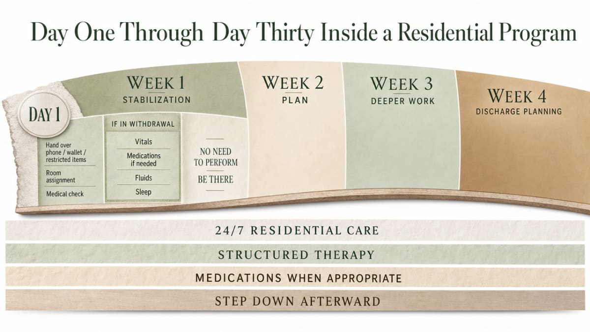 Process infographic visualizing the week-by-week residential treatment arc described in the section (stabilization, plan, deeper work, discharge planning)
