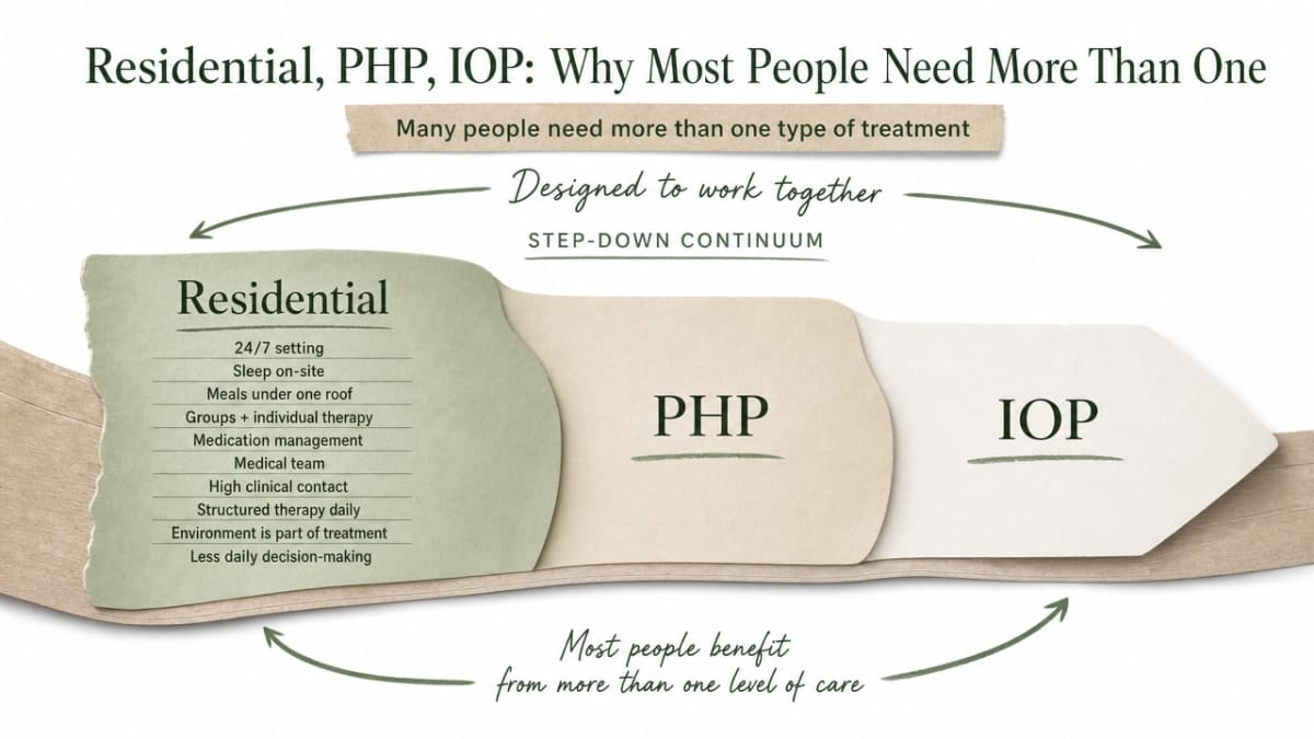 Comparison infographic of the three levels of care described in the section, showing the step-down continuum SAMHSA frames