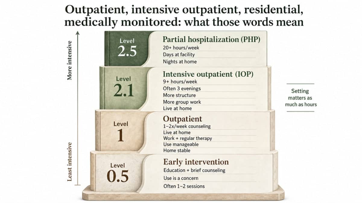 Present the ASAM continuum of care as a vertical intensity ladder to clarify the level-of-care terminology explained in the section