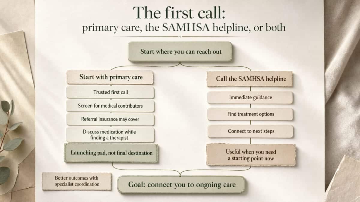 Visualize the decision-making workflow between starting with primary care versus calling the SAMHSA helpline, supporting the section's two distinct pathways