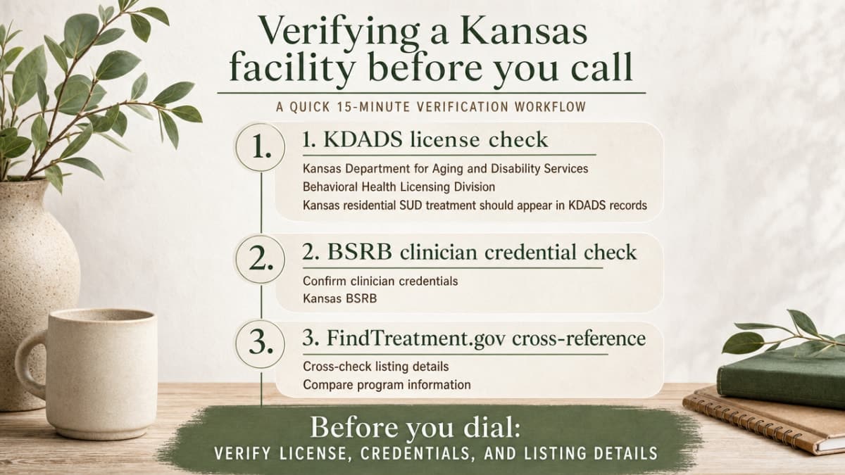 Visualize the three-step verification workflow described in the section (KDADS license check, BSRB clinician credential check, FindTreatment.gov cross-reference) as a process infographic