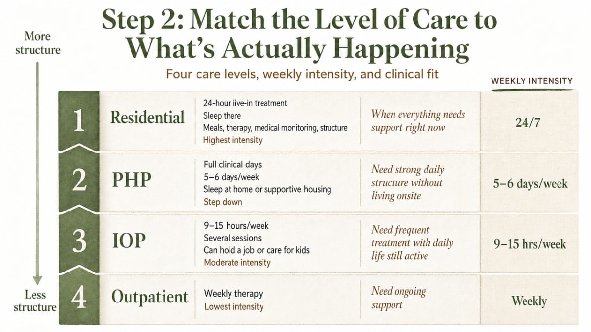 Visualize the four levels of care described in the section (Residential, PHP, IOP, Outpatient) with weekly intensity and clinical fit, supporting the section's comparison directly