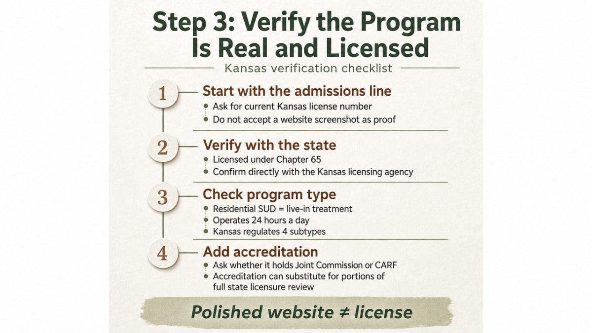 Provide an actionable verification checklist that mirrors the section's specific Kansas licensure, accreditation, treatment plan timing, and trauma screening requirements