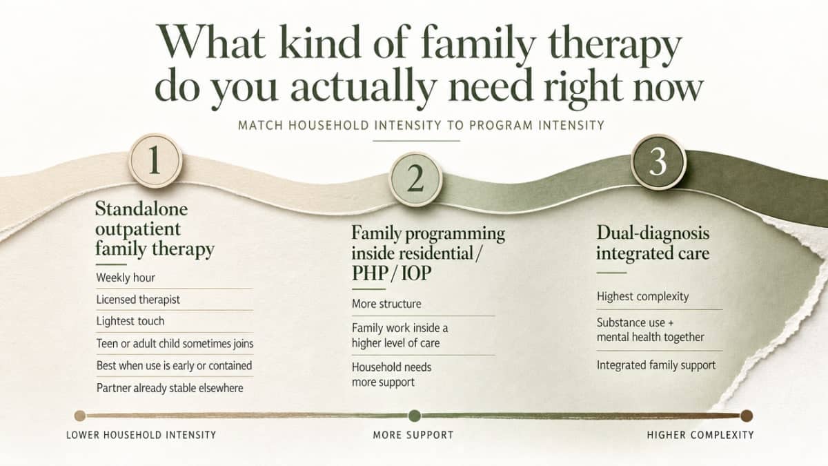 Compare the three levels of care described in this section (standalone outpatient, family programming inside residential/PHP/IOP, and dual-diagnosis integrated care) so readers can match household intensity to program intensity