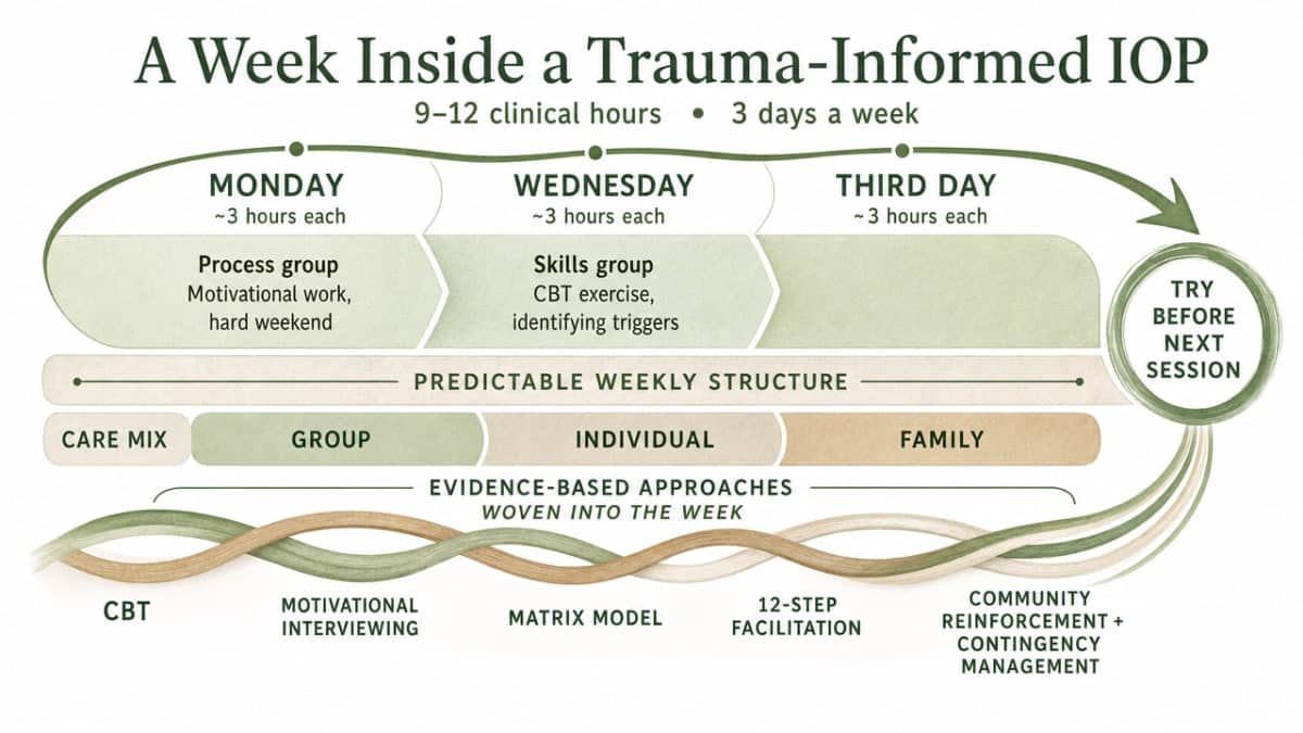 Visualize the weekly IOP structure cited in the section: nine to twelve clinical hours across three days, with the mix of group, individual, and family work