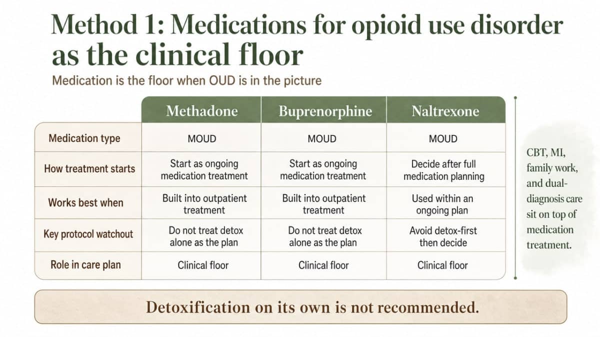 Compare the three FDA-approved MOUD options across practical protocol dimensions, directly supporting the section's clinical comparison of methadone, buprenorphine, and naltrexone