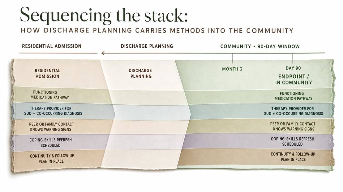 Visualize the reverse-sequenced discharge planning workflow described in the section, showing how the five methods carry across levels of care into the 90-day community window