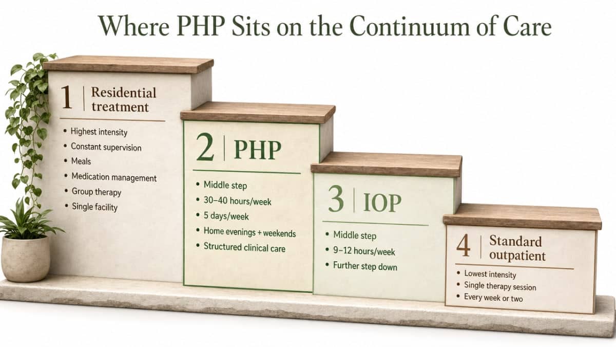 Visualize the continuum-of-care staircase described in the section, showing the progression from residential to standard outpatient with PHP and IOP in the middle