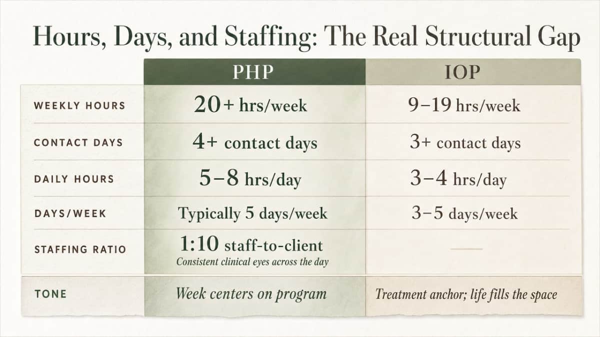 Compare the concrete structural differences between PHP and IOP that are cited in this section: weekly hours, contact days, daily hours, and staffing ratio