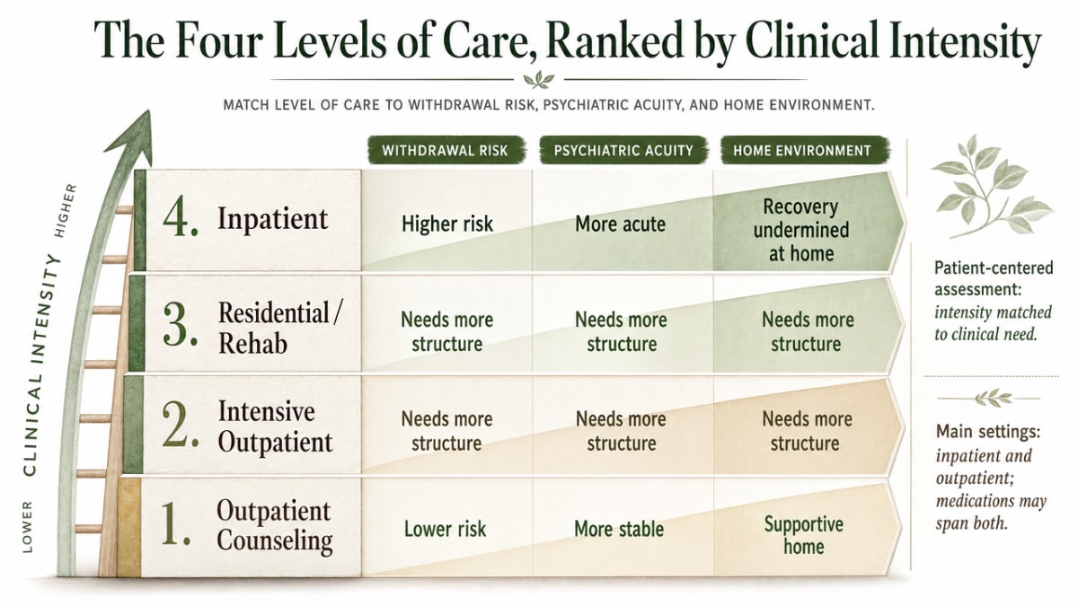 Visualize the four levels of care as a comparison ladder tied directly to the section's cited framework of clinical intensity, setting, and clinical fit