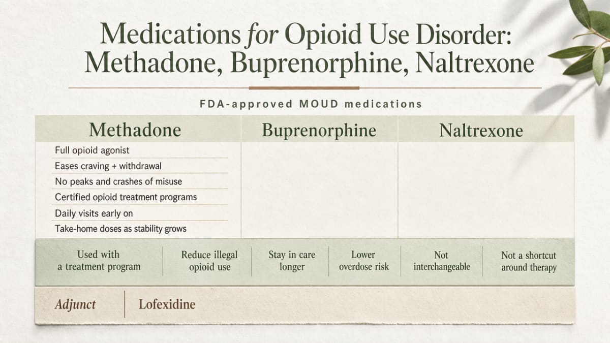 Summarize the three FDA-approved MOUD medications plus lofexidine adjunct as a comparison infographic mirroring the section's cited table