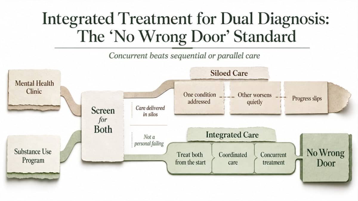 Visualize the 'no wrong door' integrated care model as a process infographic contrasting siloed vs integrated pathways, directly supporting the section's cited framework