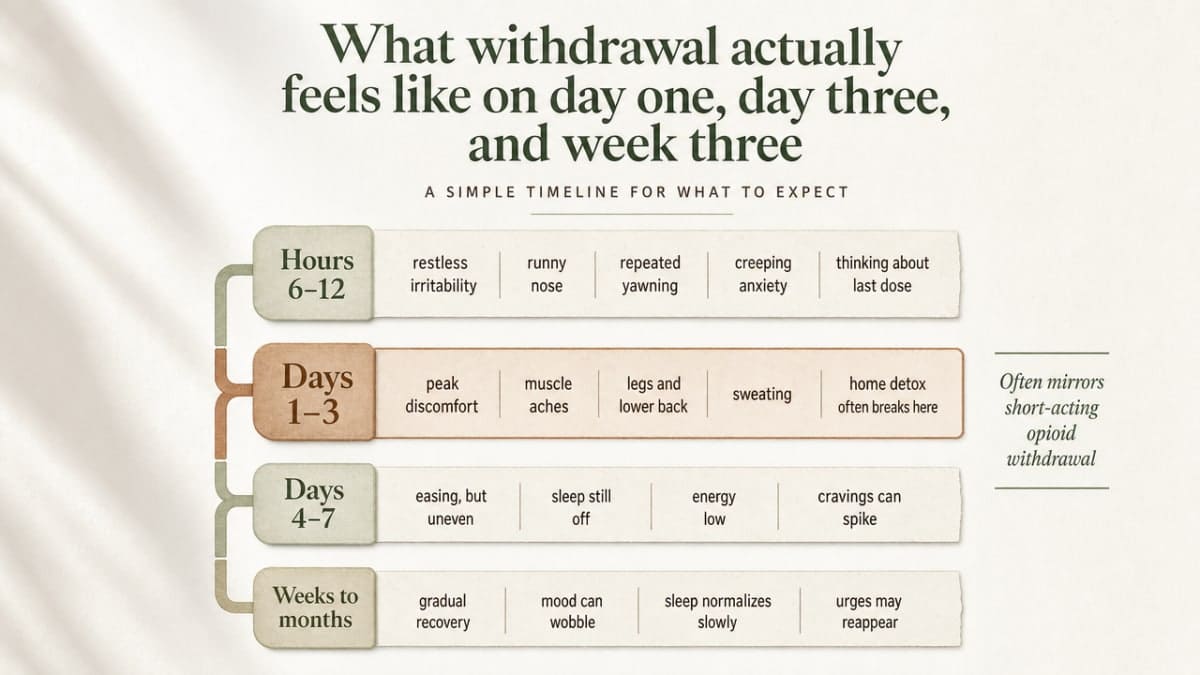 Visualize the cited 7-OH withdrawal timeline (hours 6-12, days 1-3, days 4-7, weeks to months) that the section walks through in detail, giving readers a scannable reference for what to expect