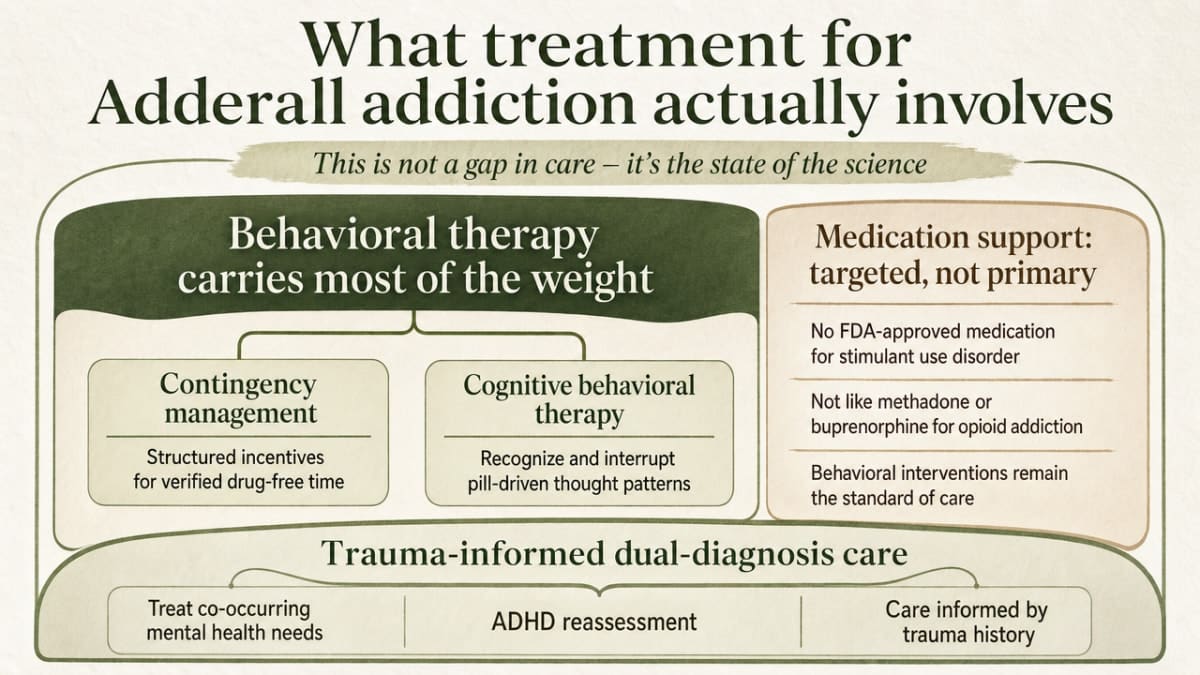 Summarize the three-layer clinical framework described across this section's subsections: behavioral therapy as primary engine, targeted medication support, and trauma-informed dual-diagnosis care including ADHD reassessment