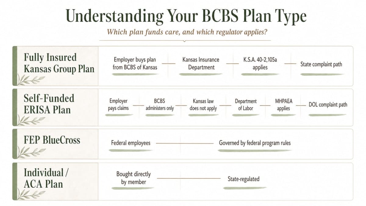 Compare the four BCBS plan types Kansas members may encounter and clarify which regulator applies to each, directly visualizing the four-item comparison in this section