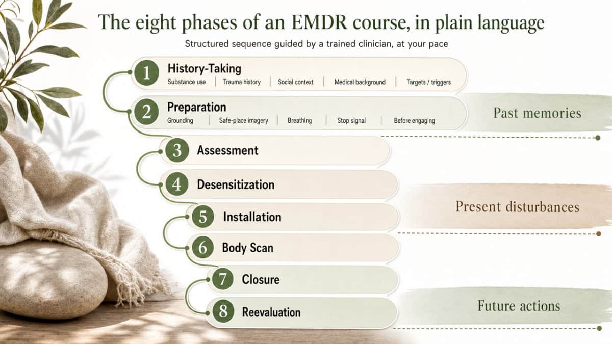 Visualize the cited eight-phase EMDR process referenced in SAMHSA guidance, giving readers a scannable overview of the sequential workflow described in this section