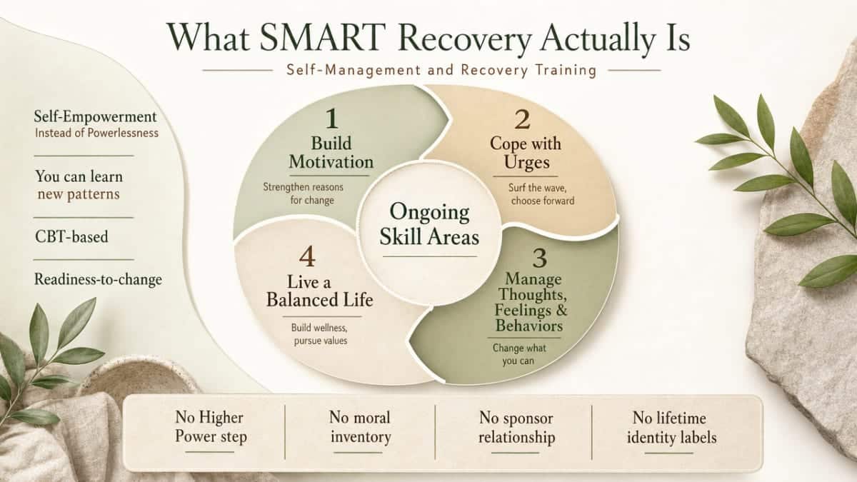 Visualize the four-point SMART Recovery program described in the section, giving readers a scannable framework of the ongoing skill areas
