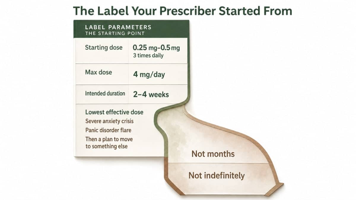 Visualize the specific FDA-label prescribing parameters cited in the section (starting dose, max dose, intended duration) versus the real-world drift the article describes, using only numbers already stated in the prose