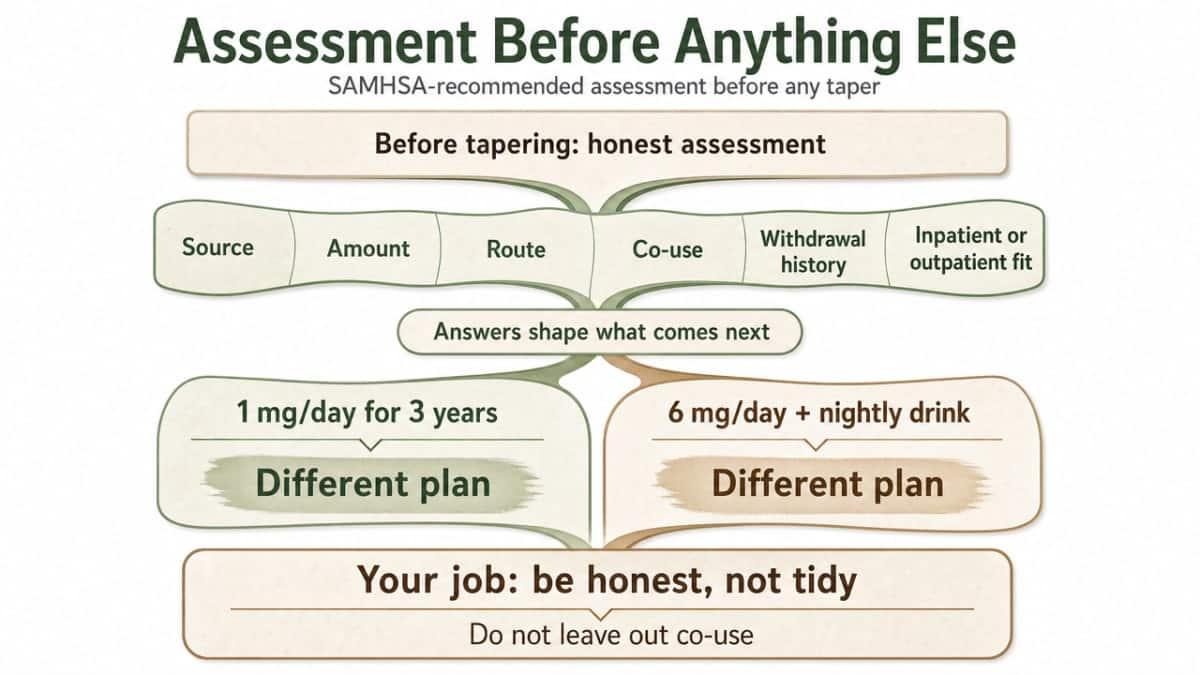 Visualize the SAMHSA-recommended assessment framework cited in this section as a process infographic, since the section explicitly walks through the assessment steps before any taper begins