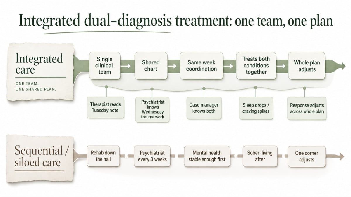 Visualize the contrast between integrated care (one team, one plan) and sequential/siloed care, which the section explicitly compares as a governance/operating model