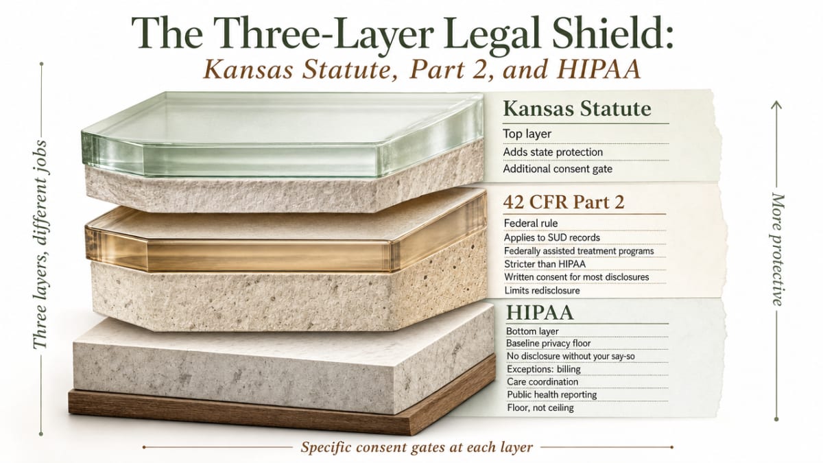 Visualize the three stacked legal protections described in this section as a layered framework, reinforcing the specific consent gates each layer creates