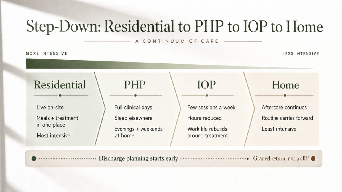 Visualize the four-phase step-down continuum of care described in the section, showing how intensity decreases and normal life increases across phases