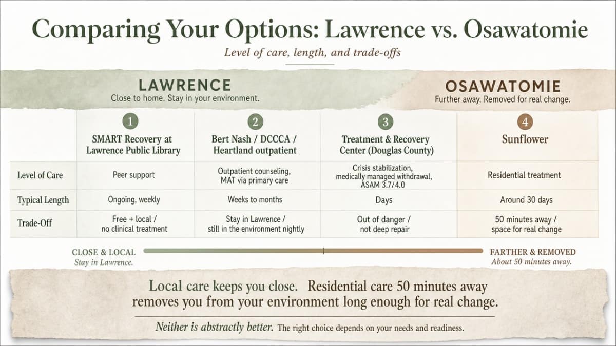 Render the section's comparison table as a clean side-by-side visual so readers can weigh level of care, length, and trade-offs across the four named options