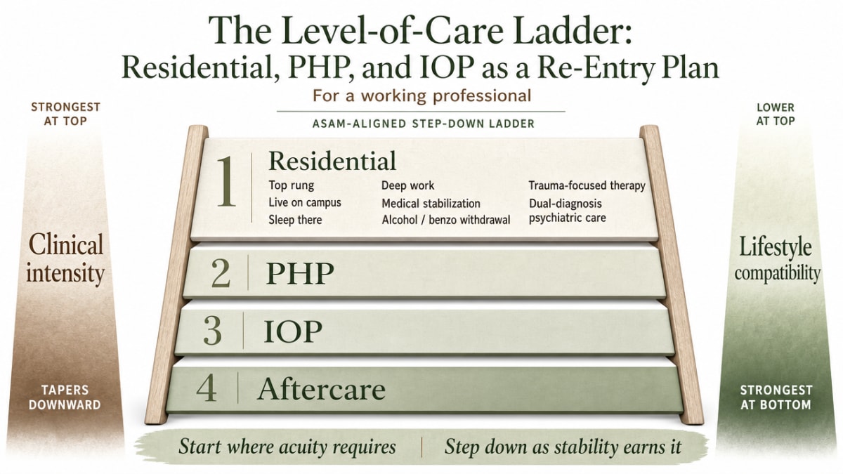 Visualize the ASAM-aligned step-down ladder described in the section, showing residential, PHP, IOP, and aftercare with clinical intensity and lifestyle compatibility for a working professional