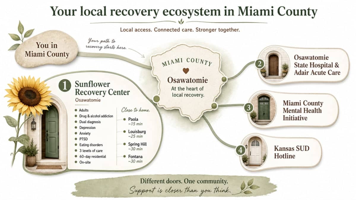 Visualize the four local doors of care described in the section: Sunflower Recovery Center, Osawatomie State Hospital & Adair Acute Care, Miami County Mental Health Initiative, and the Kansas SUD Hotline
