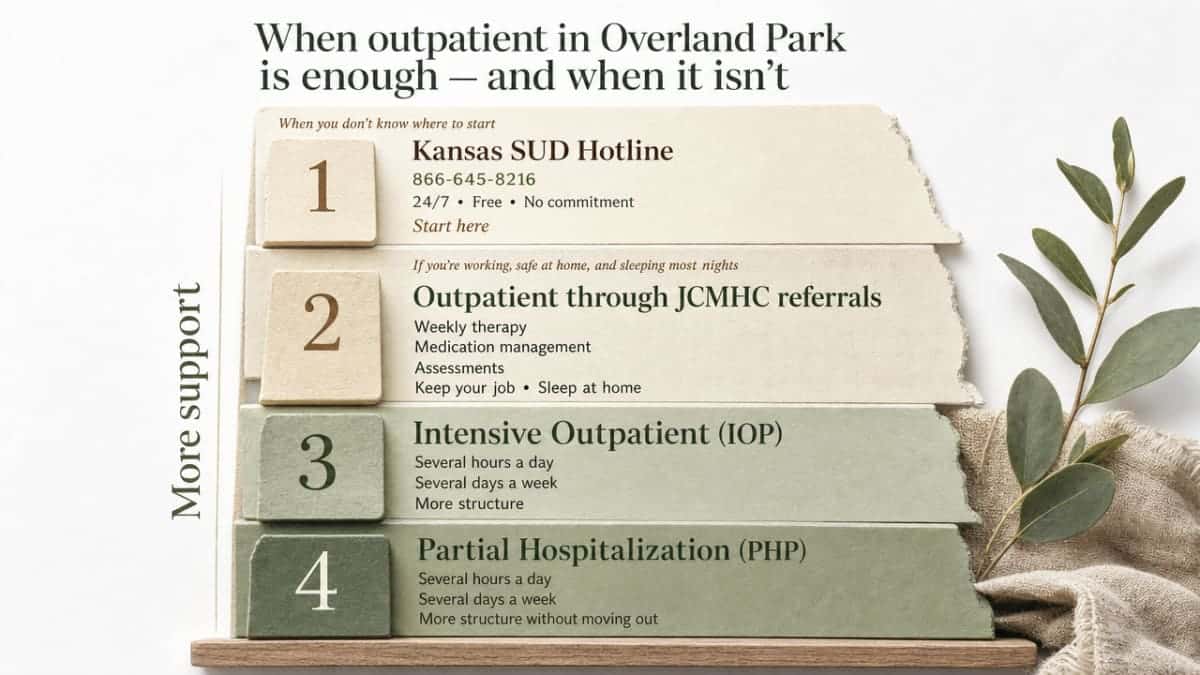 Visualize the levels-of-care ladder explicitly listed in this section, helping readers see where they fit from hotline through residential care