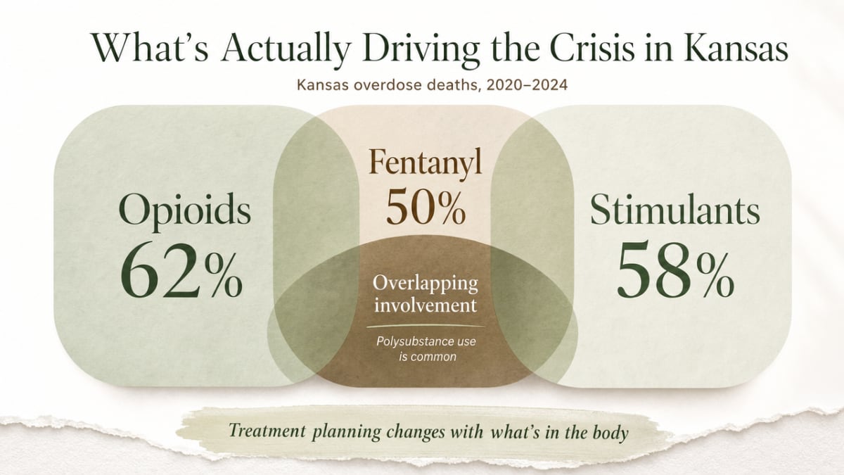 Visualize the substance involvement percentages in Kansas overdose deaths cited in this section (opioids 62%, fentanyl 50%, stimulants 58%), which are directly discussed in nearby prose with citation