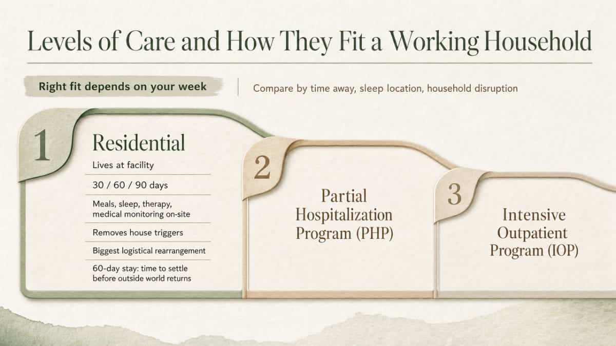 Compare the three levels of care described in this section (residential, PHP, IOP) as a decision-oriented process/comparison infographic, since the section explicitly walks through hours, sleeping arrangements, and household fit for each