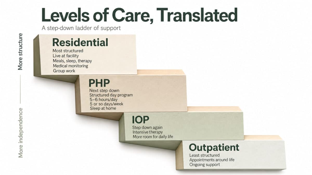 Visualize the four-rung continuum of care described in the section (Residential, PHP, IOP, Outpatient) as a step-down ladder, matching the section's explicit framing