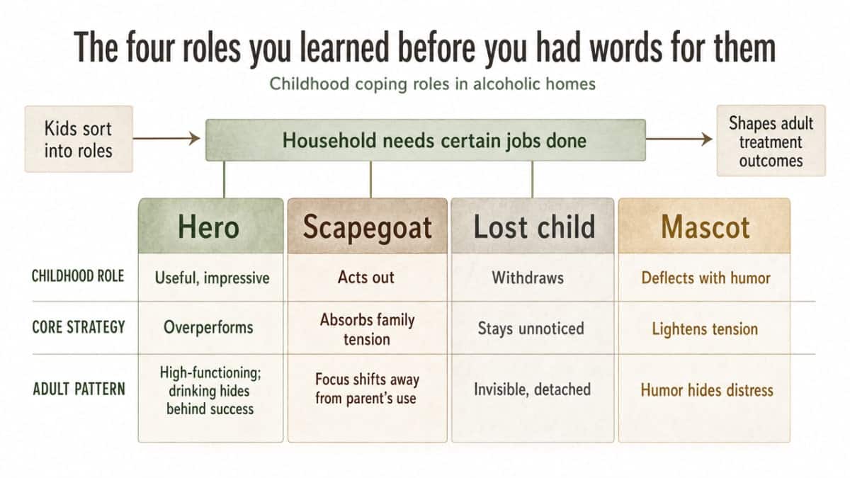 Visualize the four childhood coping roles described in this section (hero, scapegoat, lost child, mascot) as a framework, since the section explicitly lays out a comparative typology that shapes adult treatment outcomes