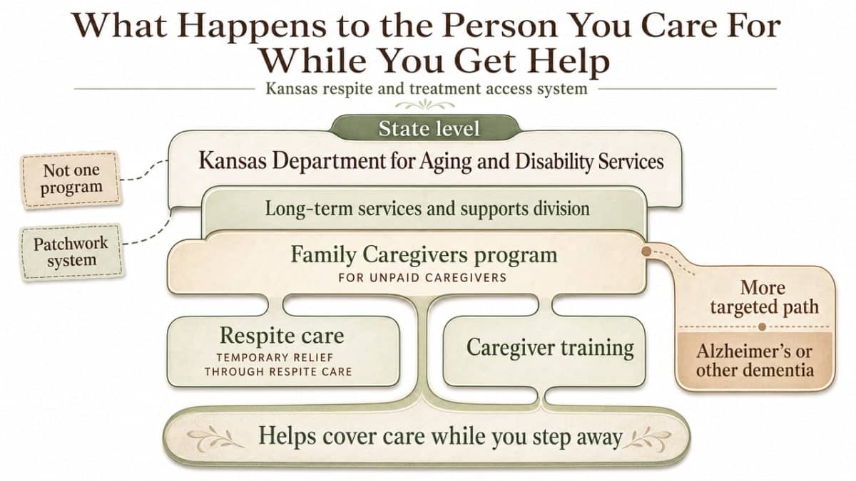 Map the layered Kansas respite and treatment access system described in the section, helping caregivers see how state, county, and treatment resources fit together