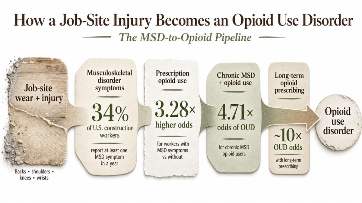 Visualize the cited pipeline from musculoskeletal injury to long-term opioid prescribing to opioid use disorder, using the specific statistics that appear in the surrounding prose (34% MSD prevalence, 3.28x opioid use, 4.71x OUD odds for chronic MSD opioid users, ~10x OUD odds for long-term prescribing)