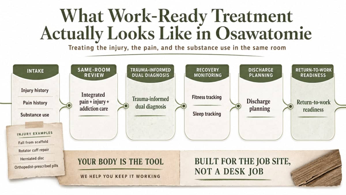Process infographic mapping the work-ready treatment model described in the section: integrated injury/pain care, trauma-informed dual diagnosis, fitness and sleep tracking, and discharge planning. Supports the operating model described in prose without inventing statistics