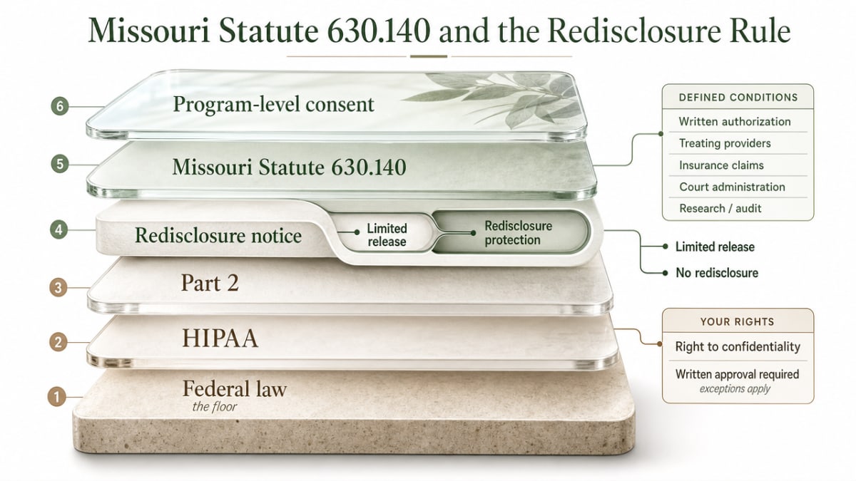 Illustrate the layered confidentiality architecture (federal Part 2, redisclosure notice, HIPAA, Missouri 630.140, program-level consent) that the section explicitly enumerates, giving readers a visual model of how protections stack