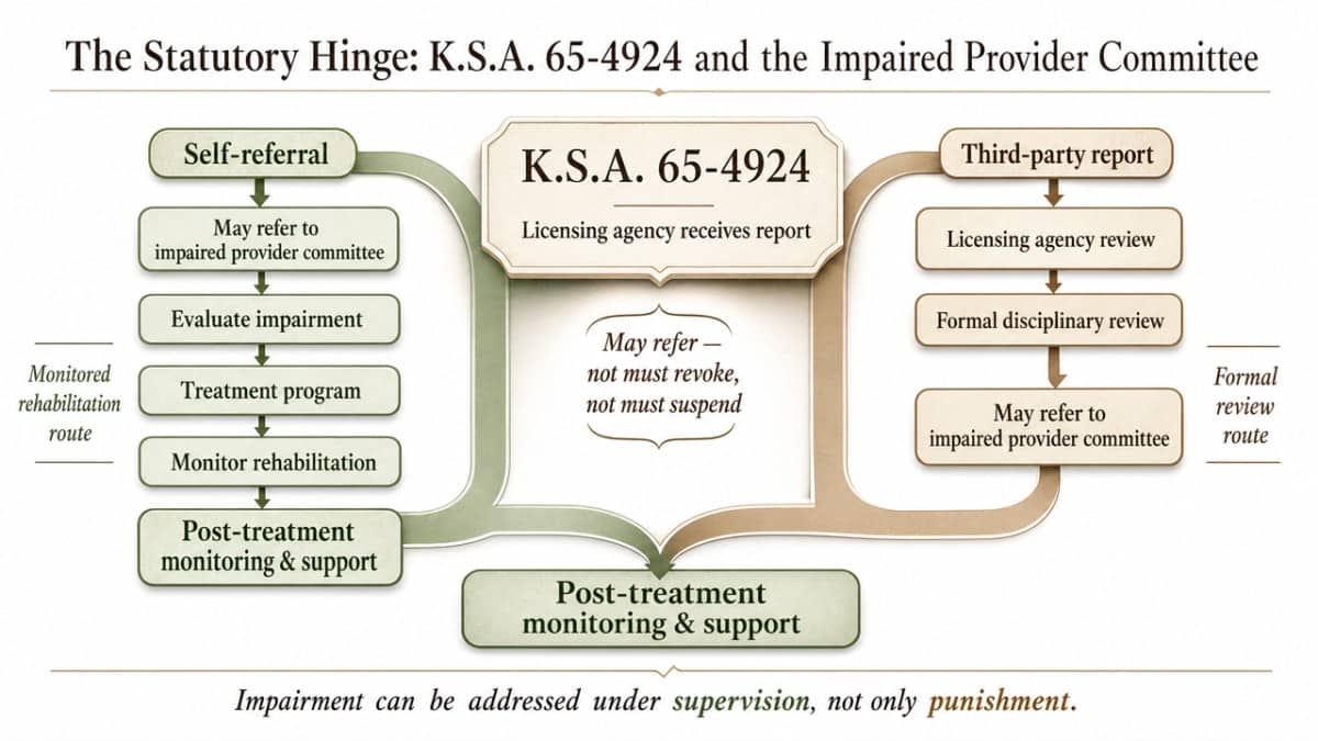 Illustrate the two divergent pathways described in this section: self-referral leading to a monitored rehabilitation route versus third-party report leading to a formal disciplinary review, both of which can end in monitoring but start very differently