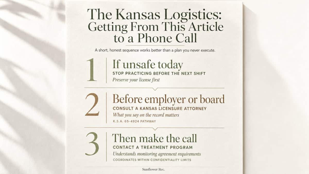 Visualize the three-step sequence explicitly enumerated in this closing section — stop practicing if unsafe, consult a Kansas licensure attorney, then contact a treatment program — to give the reader a concrete action framework