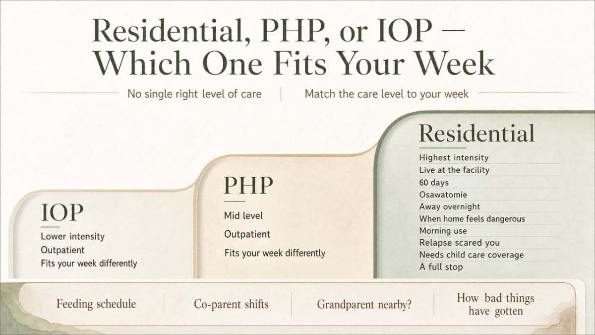 Compare the three levels of care described in the section so a new parent can quickly see how residential, PHP, and IOP differ in intensity and daily structure