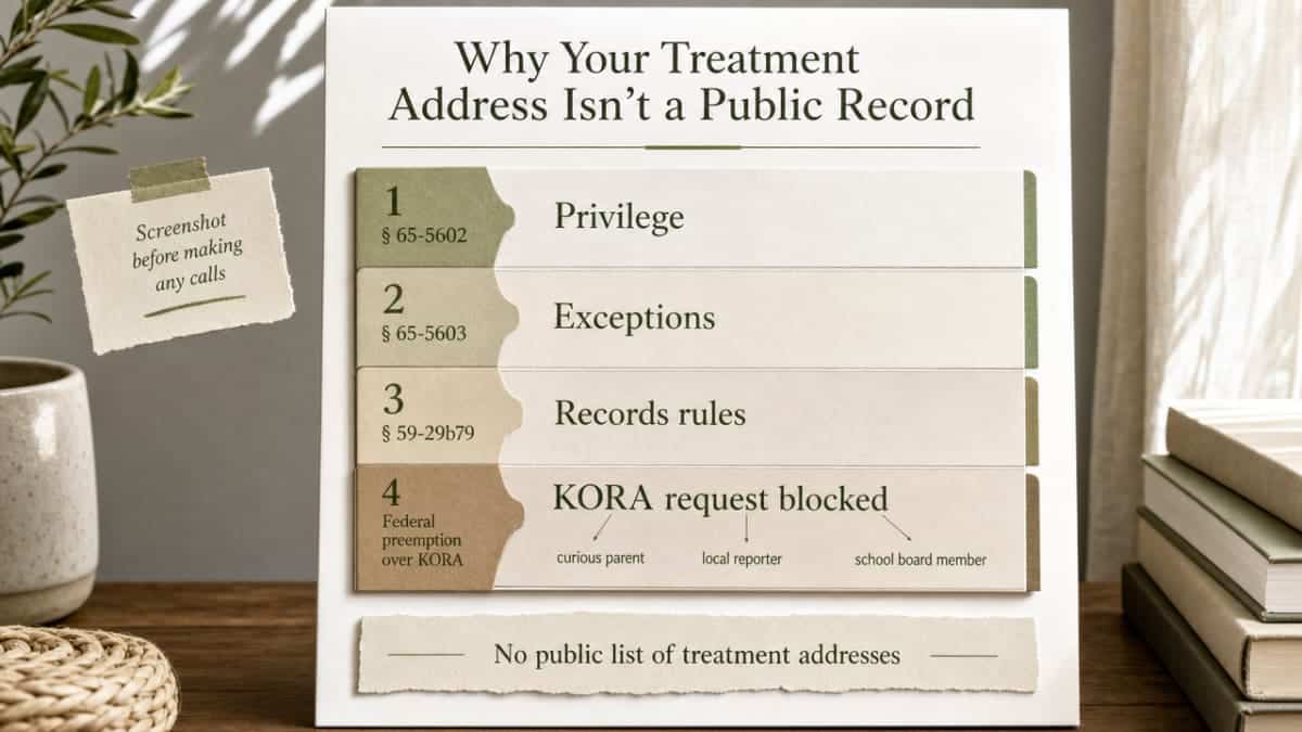 Visualize the four-layer Kansas confidentiality structure explicitly enumerated in the section (§ 65-5602 privilege, § 65-5603 exceptions, § 59-29b79 records rules, and federal preemption over KORA), which the article itself invites readers to 'screenshot before making any calls.'