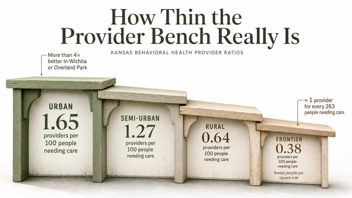 Visualize the four-tier drop-off in behavioral health provider ratios cited in the section, directly supporting the numeric claim about urban vs frontier Kansas counties