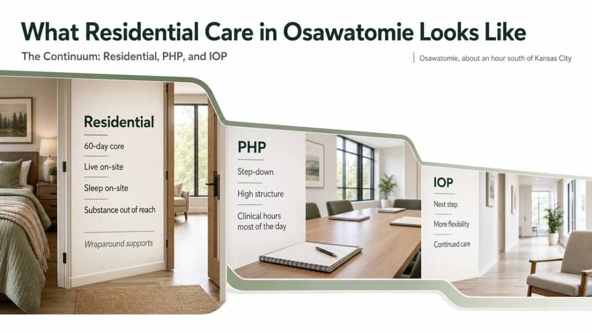 Illustrate the step-down continuum of care (Residential to PHP to IOP) that the section explicitly describes, giving readers a clear visual anchor for the operational model