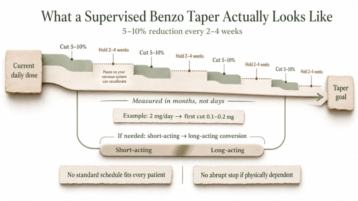 Visualize the cited 5-10% every 2-4 weeks taper framework and the short-acting to long-acting conversion process described in this section