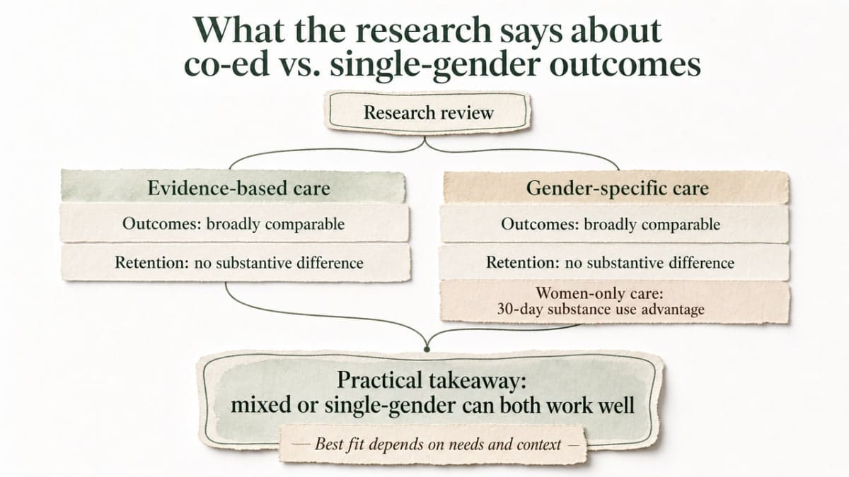 Visualize the section's decision framework comparing co-ed and single-gender care based on the research cited in this section, including the finding that outcomes are broadly comparable but women-only care showed a specific advantage on 30-day substance use