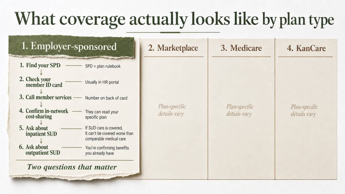 Compare the four major Kansas insurance pathways side-by-side so readers can quickly find their situation and see what SUD services are covered