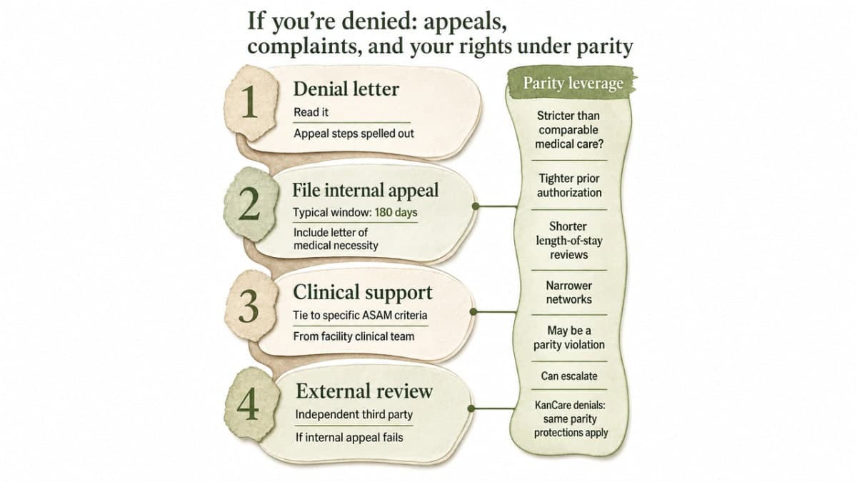 Visualize the appeals workflow as a clear process so a family facing a denial knows the sequence of steps and where parity leverage applies