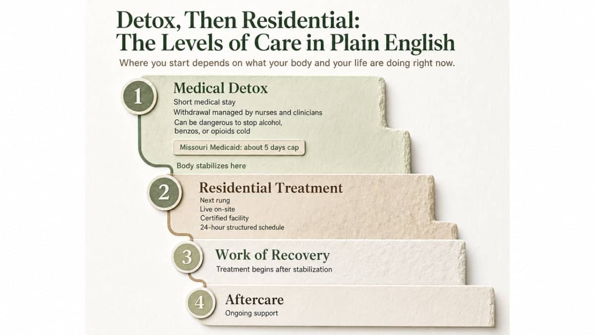 Process infographic mapping the ASAM-aligned continuum of care described in this section, from medical detox through aftercare, so readers can see the ladder the prose describes