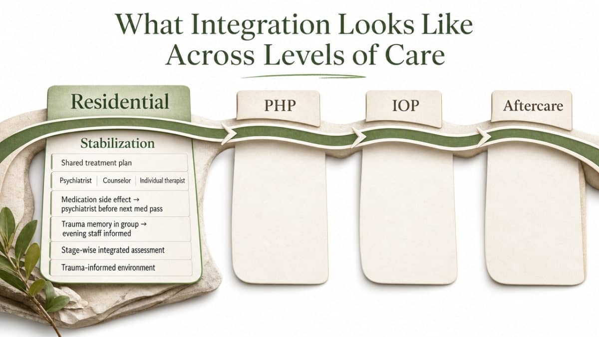 Visualize the continuum of care described across the section's subsections (Residential → PHP → IOP → Aftercare) as a coordinated patient journey, supporting the section's operating model